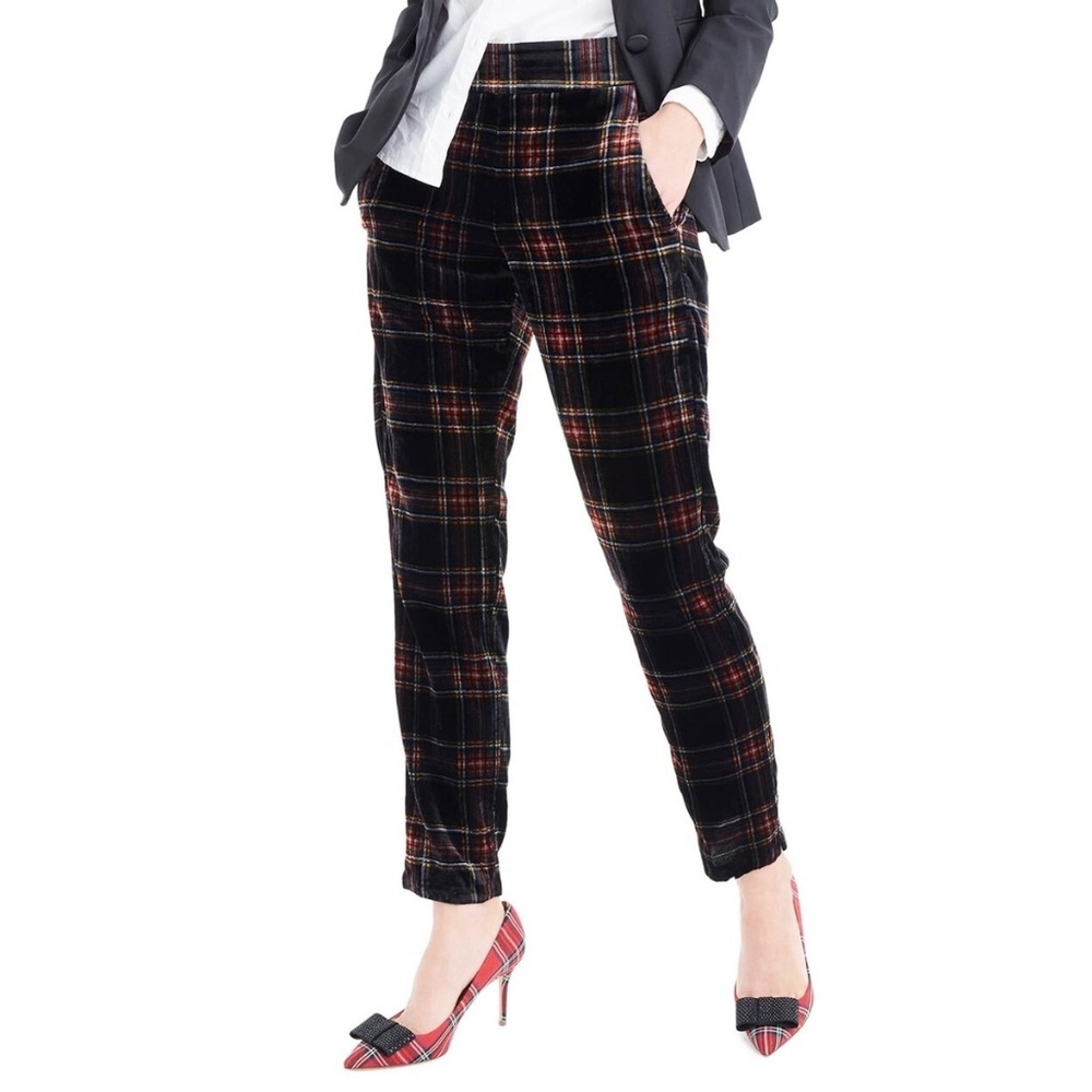 J CREW Pull-On Easy Pant Velvet Stewart Plaid Taper Slim Slit Elastic Waist